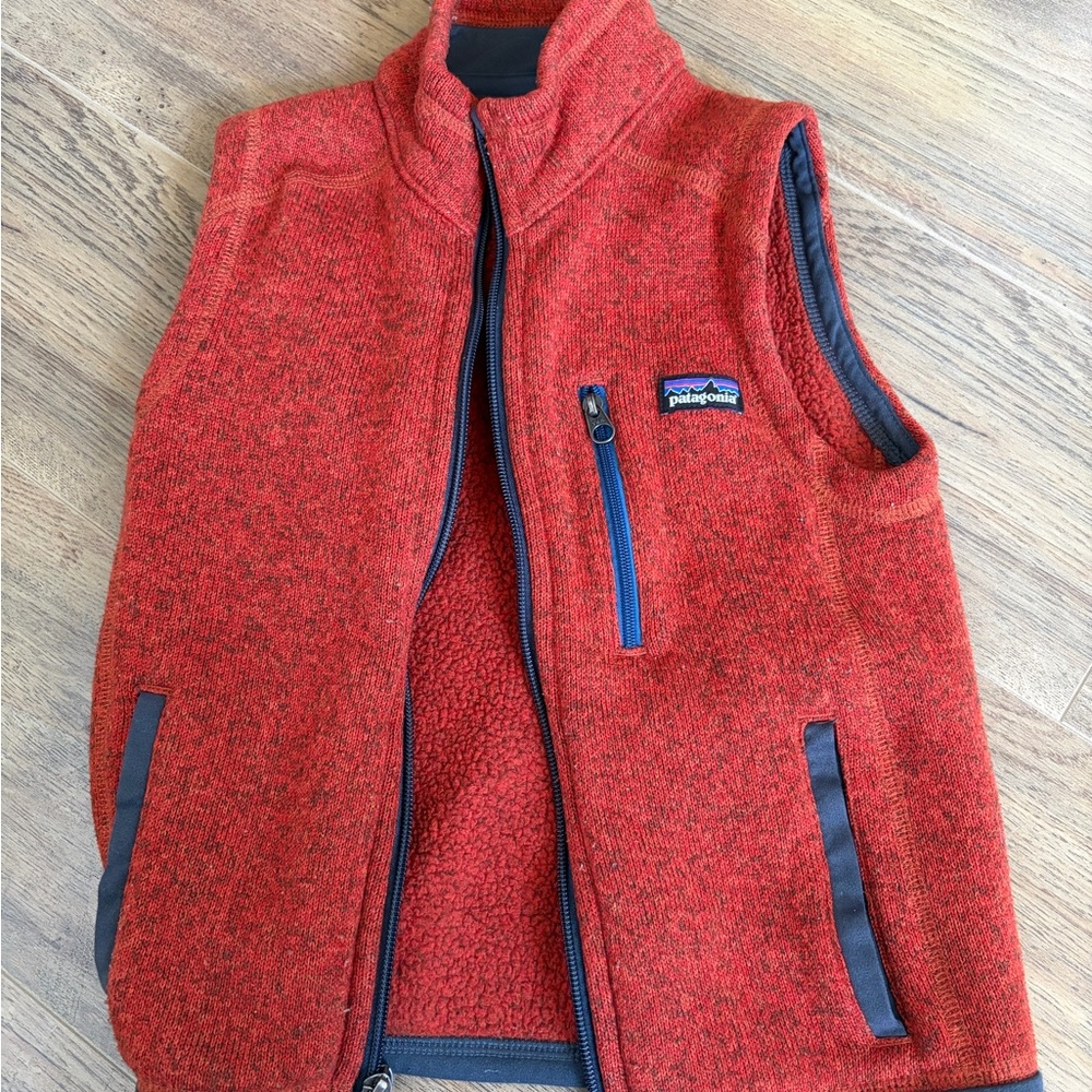 Patagonia Kids Red Heathered Fleece Vest with Navy Trim